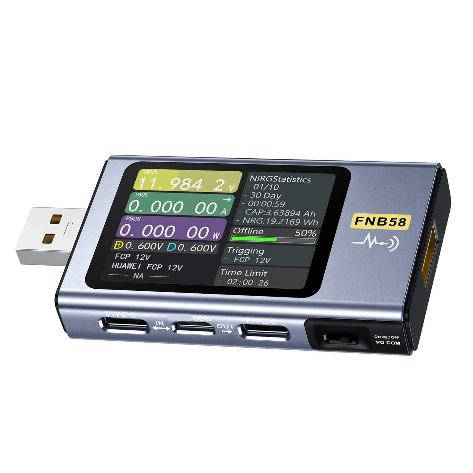 Sxhlseller Miernik Napięcia USB 140 W Wyświetlacz LCD Typu C Tester Szybkiego ładowania dla QC3.0 Obliczanie Pojemności Zapisu Danych dla Hobbystów i Profesjonalistów