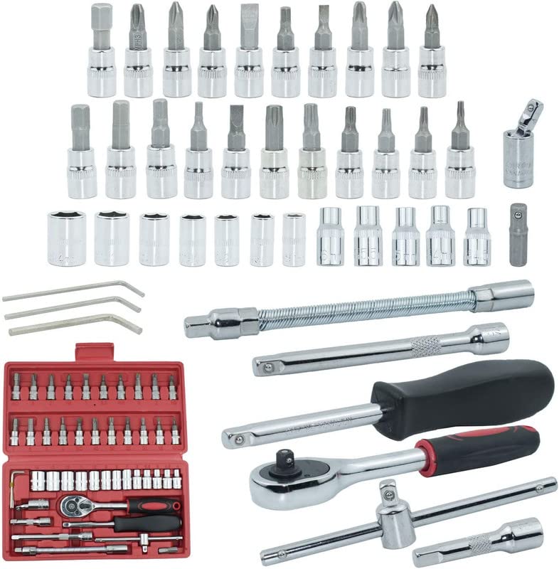 VYAKAT 46/PCS Socket Wrench Set,1/4 inch Drive Socket Set, Metric Ratchet Wrench Set with 4-14mm CR-V Sockets,S2 Bits, Extension Bars, Mechanic Tool Kits for Household Auto Repair(Assorted Color)