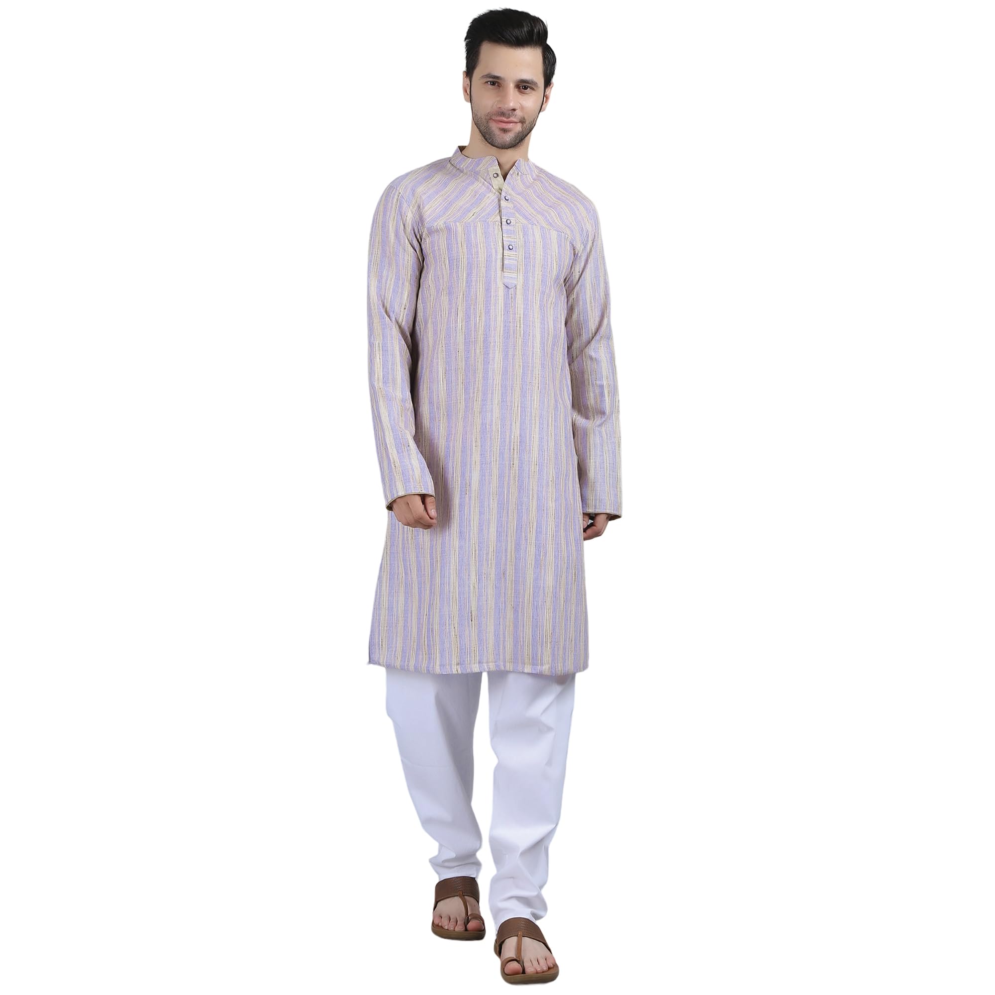 Men’s Multicolor Cotton Full Sleeve Striped Long Kurta | Yoke Embroidered Regular Fit | Mandarin Collar & Button Closure | Knee Length-image-27