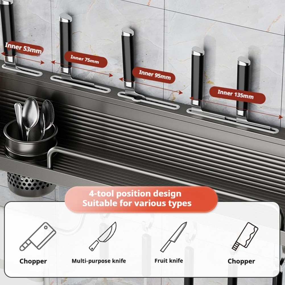 Dxcaicc 壁取り付け式キッチンオーガナイザーラック、ドリル不要の炭素鋼収納棚、ナイフスロット付き、2つの調理器具ホルダー、フッ