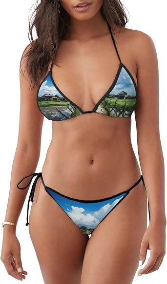 Beautiful Village Print Sexy Two Piece Swimsuit for Women,Thong Bikini Sets,Perfect for Beach and Pool