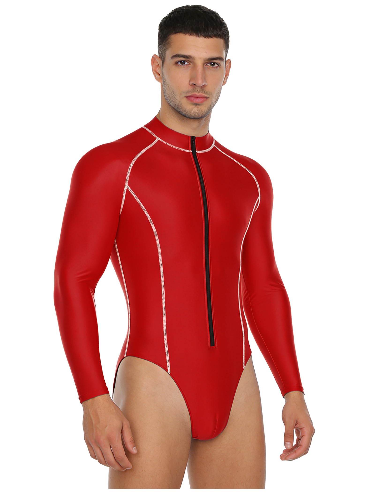 Men's Glossy Bodysuit Mock Neck Long Sleeve Front Zipper Leotard Jumpsuit Rash Guard