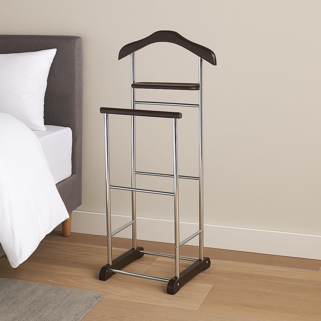 Proman Product Twin Valet with Wooden Hanger Tray & Trouser Bar, Walnut