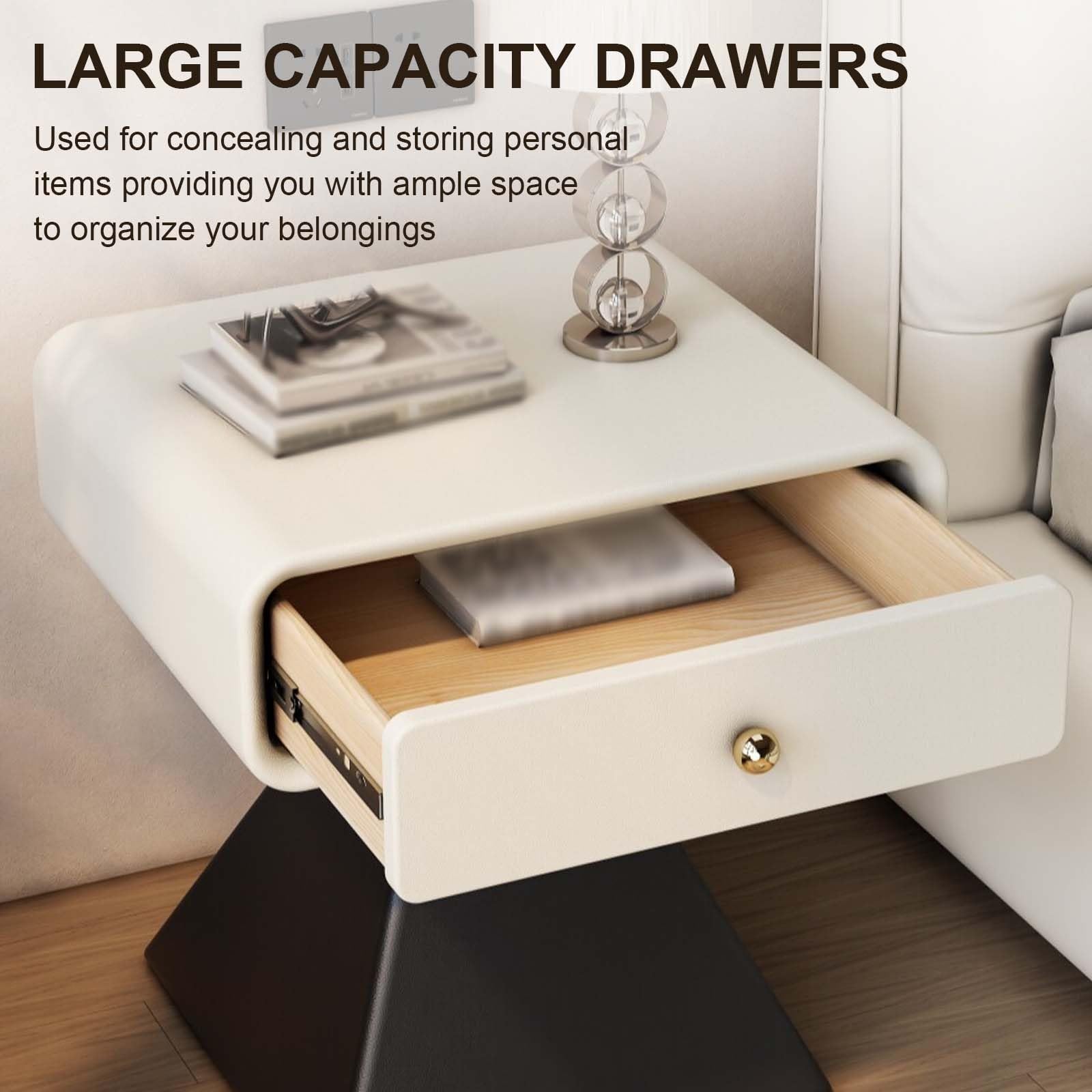 Comodino Moderno Geometrico, Tavolino da Letto Piccolo con Cassetti | Comodini Laterale in Legno con Pelle in Microfibra per Camera da Letto, Soggiorno, Studio