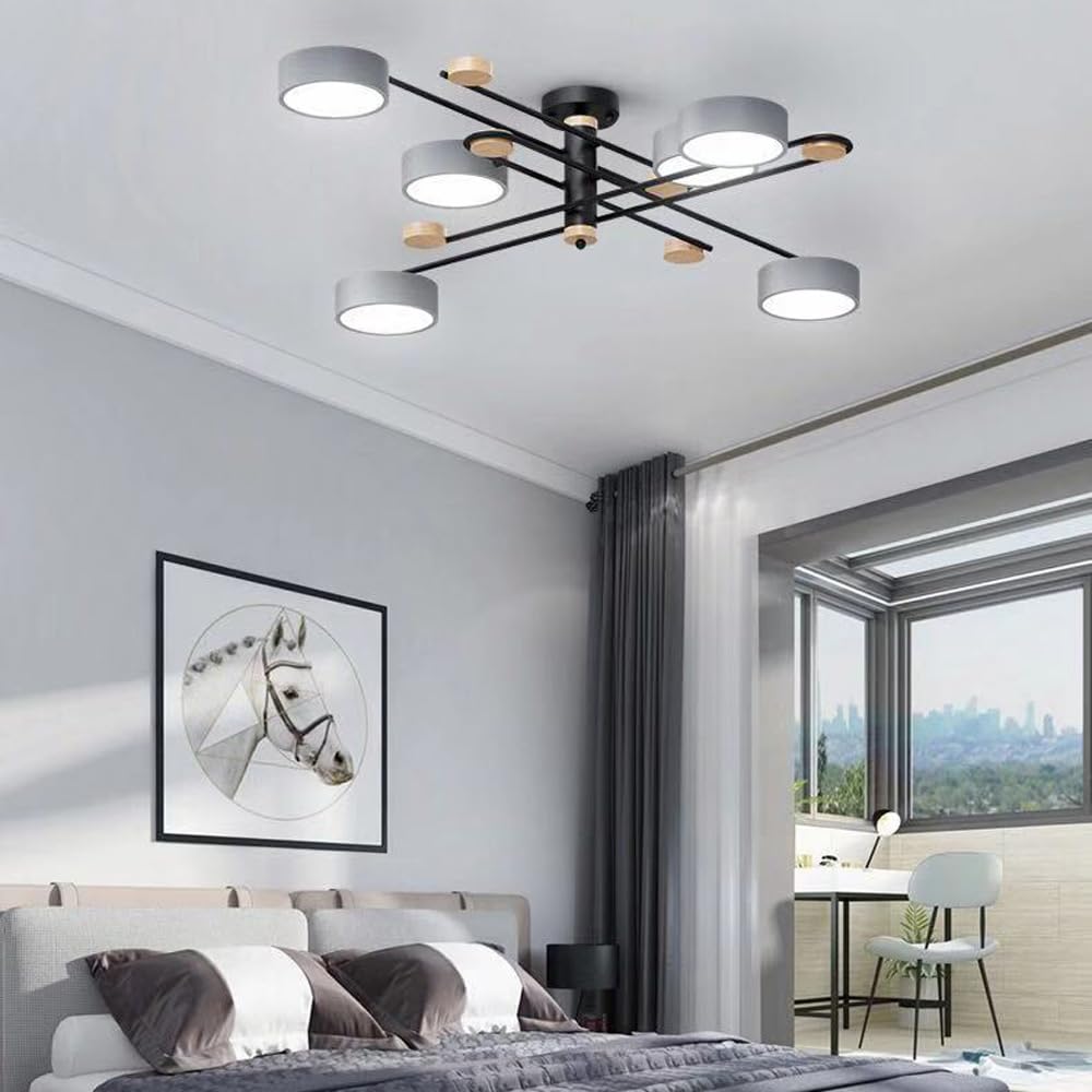 Lámpara Moderna de Lujo Sputnik Lámparas de Techo Industriales Lámpara de Molécula Nórdica Gris Verde 8 Luces Led Regulables Lámpara Colgante de Madera para Cocina Comedor Sala de Estar Dorm