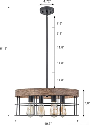 Miniatura 3 de Lámpara de techo moderna de 19.7 pulgadas con tambor de metal para comedor, 4 luces rústicas industriales para comedor, isla de cocina, vestíbulo,