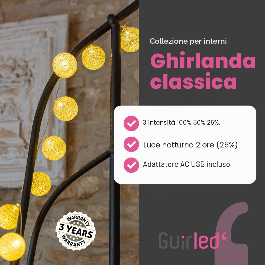 GuirLED - Guirlanda luminoso a LED per batuffoli di cotone USB - Luce notturna per bambini 2h - Alimentatore doppio USB 2A incluso - 3 intensità - 24 sfere 2,4m - Principessa