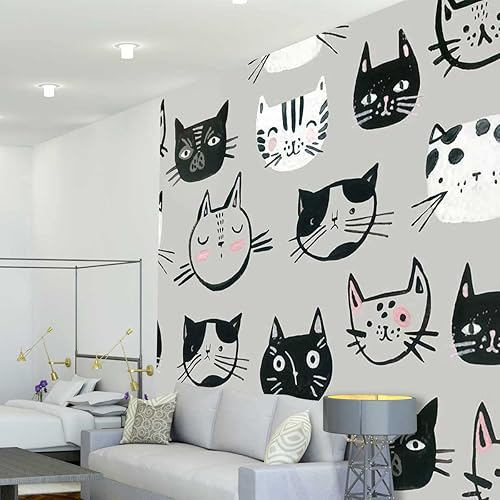 Miniatura 2 de Papel tapiz nórdico de gato gris para pegar y despegar, papel decorativo para sala de estar, sin pegamento para dañar la pared de 78.7 pulgadas de