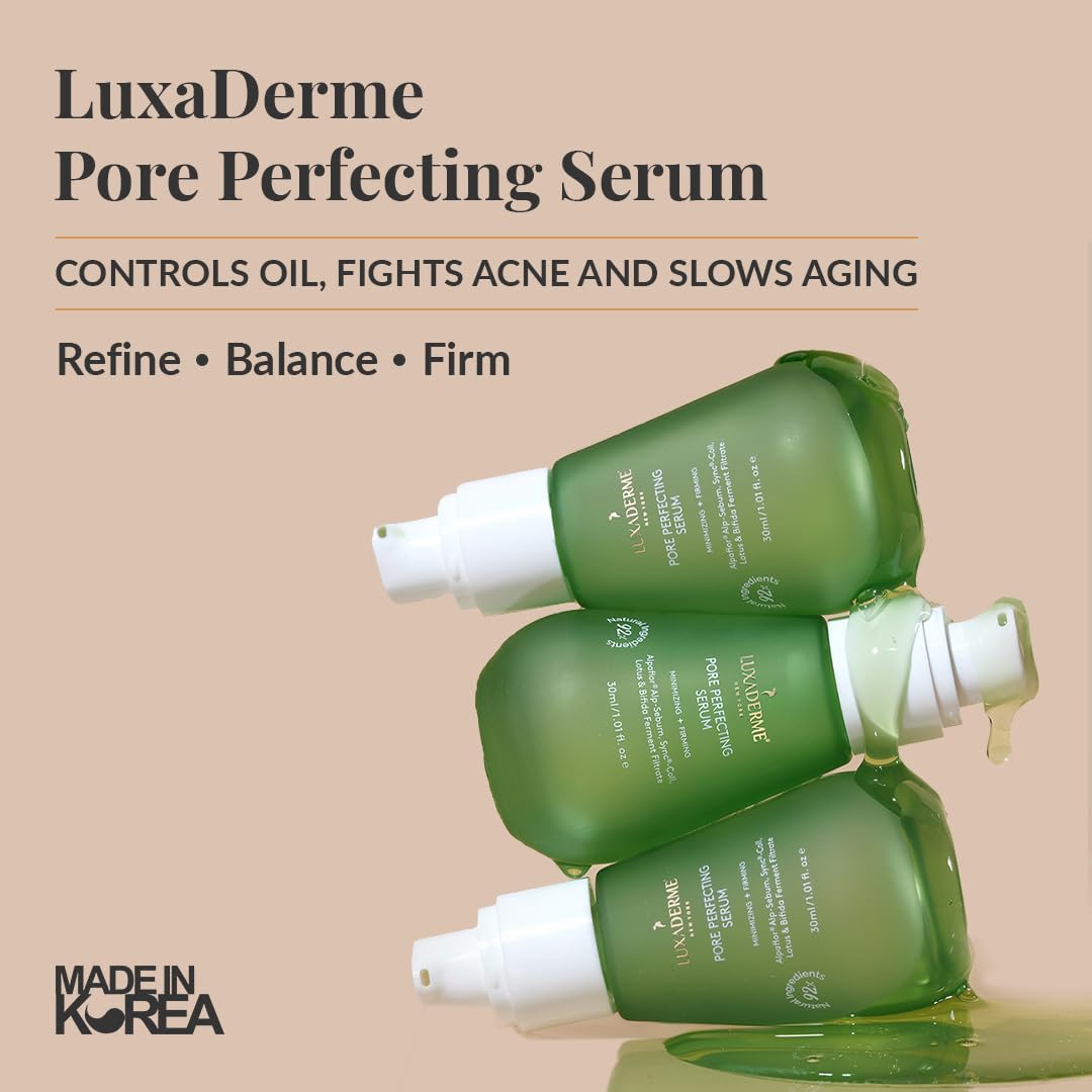 LuxaDerme Korean Pore Perfecting Face Serum with Lotus Water, Galactomyces & Bifida Ferment | Clinically Proven Patented Actives to Minimize Pores, Control Oil & Sebum, Reduce Acne & Anti-Aging | Vegan Korean Skincare for Men & Women | 30 ml