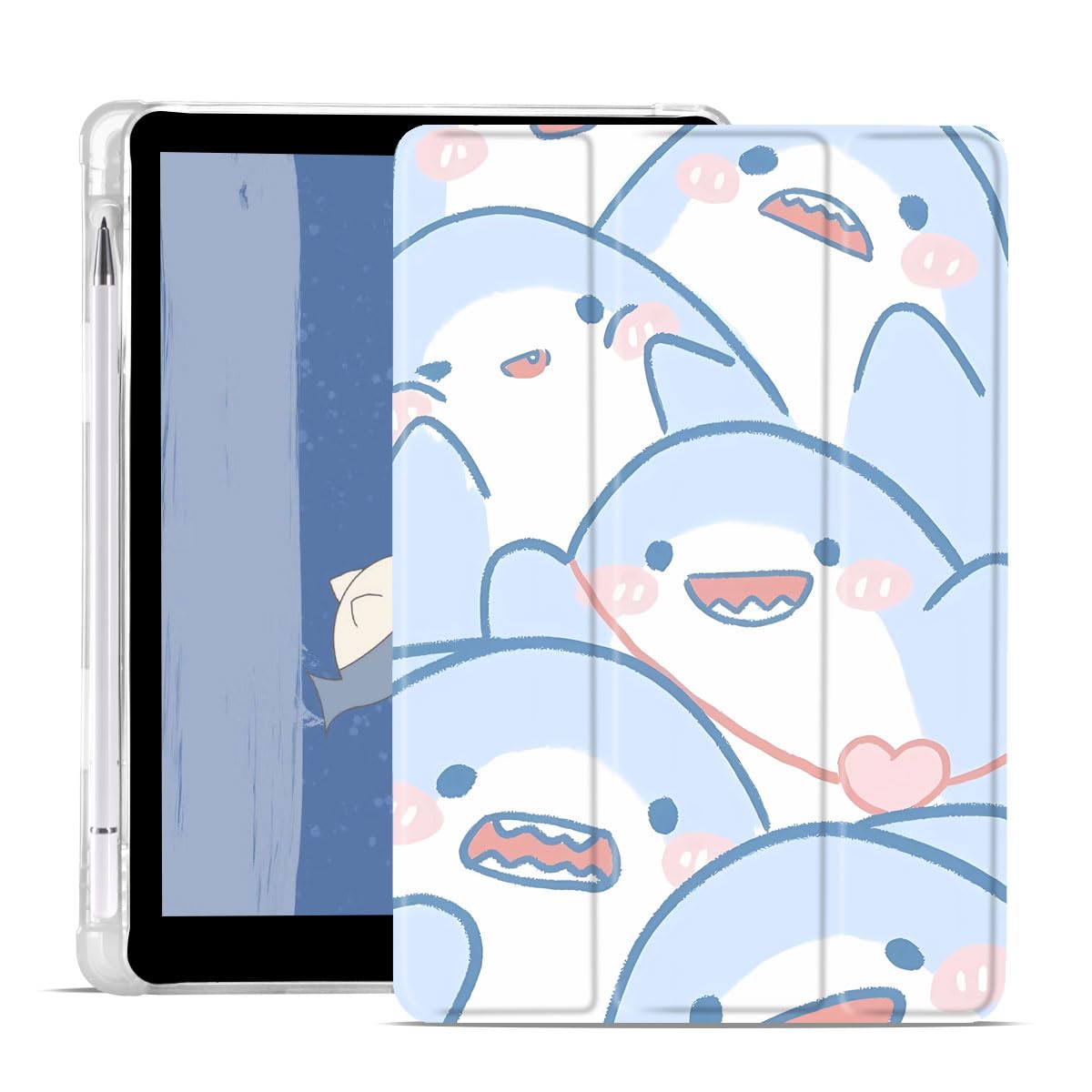 JOYLAND Lovely Cartoon Shark Case for iPad 9th/7th/8th Generation(2021/2020/2019) 10.2 Inch with Pencil Holder, Auto Wake/Sleep, Clear TPU Blue