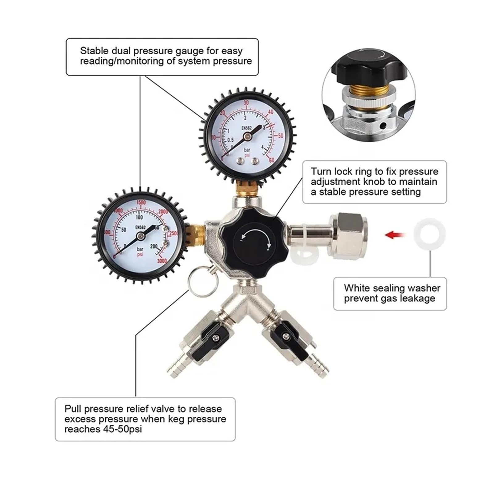 Regulator CO2, W21.8 Podwójny regulator Co2 z zaworem zwrotnym, 0~3000 psi, 60 domowego warzenia piwa