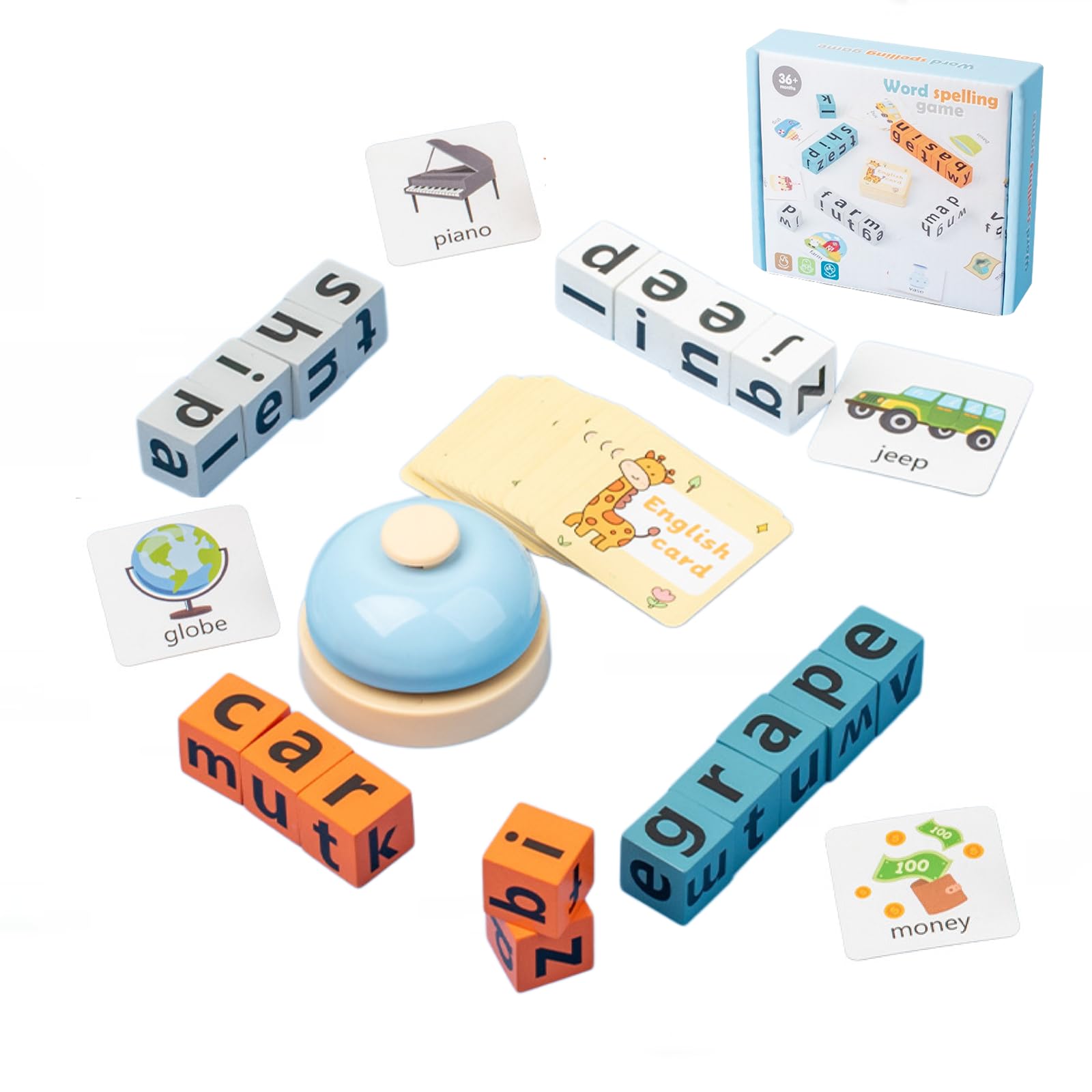 Zilynhom Word Race Spelling Game for Kids Ages 3-8 | 64 Flashcards & 20 Wooden Alphabet Blocks | Multiplayer Learning Toy with Bell, Letter Game