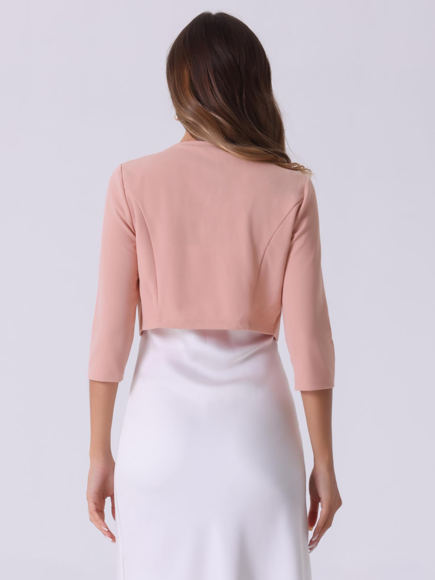 Allegra K Boléro en Mousseline Femme Blazer Court de Bureau à Haussement d'Épaules et à Manches 3/4 Cardigan Léger Plissé sans Col
