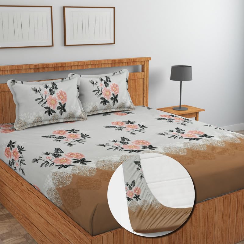 Image of NEW LEAF Pure Cotton Full Elastic Fitted Bedsheets for Double King Size Bed with 2 Pillow Covers 220 TC Supersoft |Wrinkel Free Bed Cover Size - 72x78+10 inches, Pink Rose