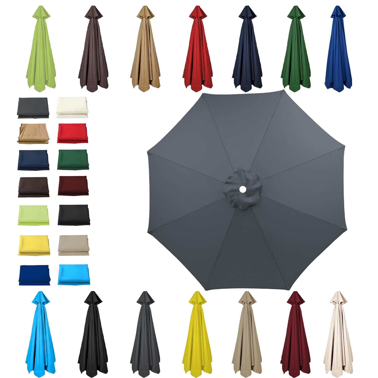 HonunGron 6 Ribs/8 Ribs Replacement Parasol Cover, 3.0m/2.7m/2.5m/2.3m/2m Umbrella Canopy Replacement, Sun Umbrella Replacement Cloth, UV 50+ Garden Parasol Canopy Cover (6 ribs-2.7m(8.8ft),Gray)