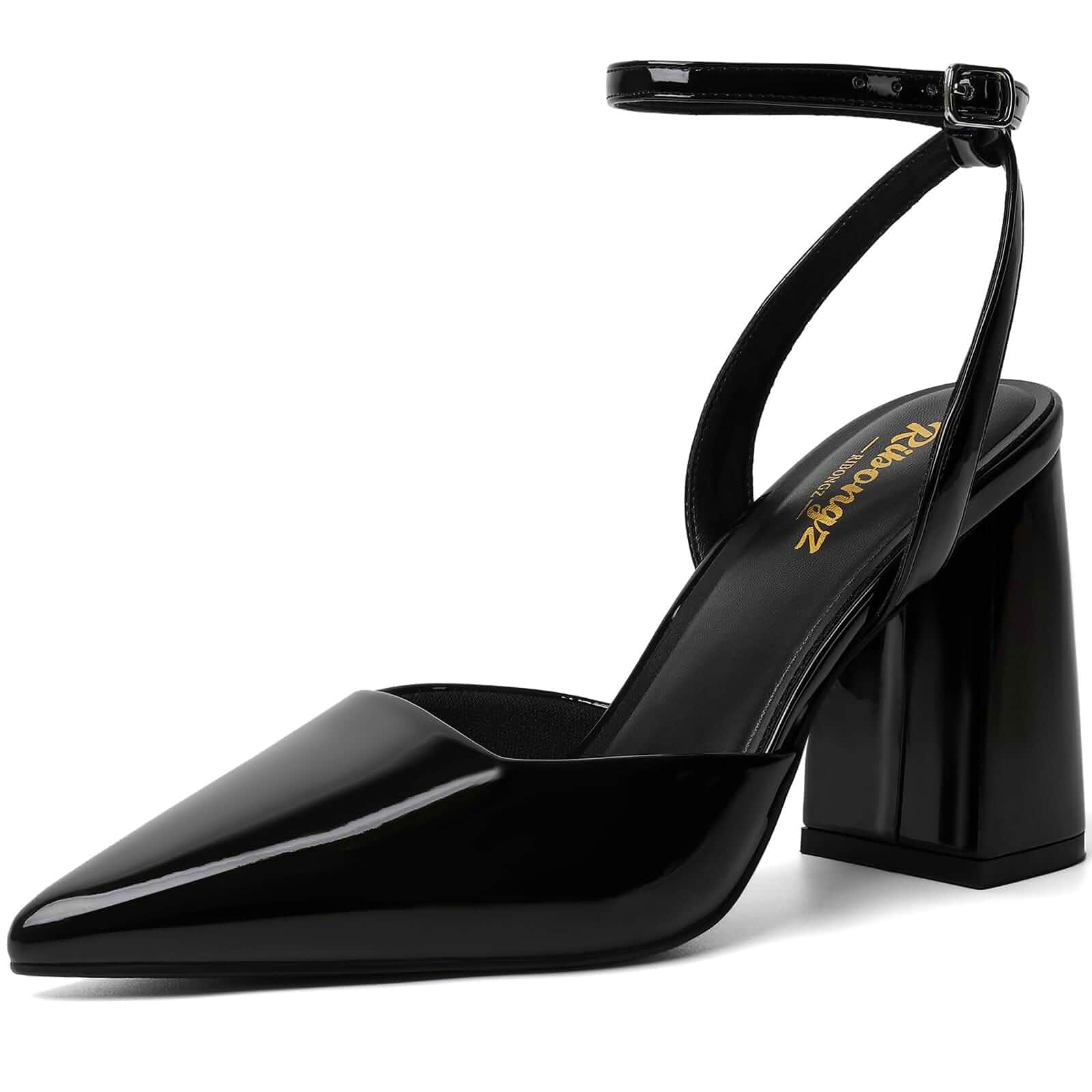 RIBONGZ Block Heels for Women Closed Pointed Toe Heeled Slingback Chunky High Heel Ankle Strap Pumps Patent Leather Comfort Dressy Shoes for Work Party Prom Wedding Bridal Dress