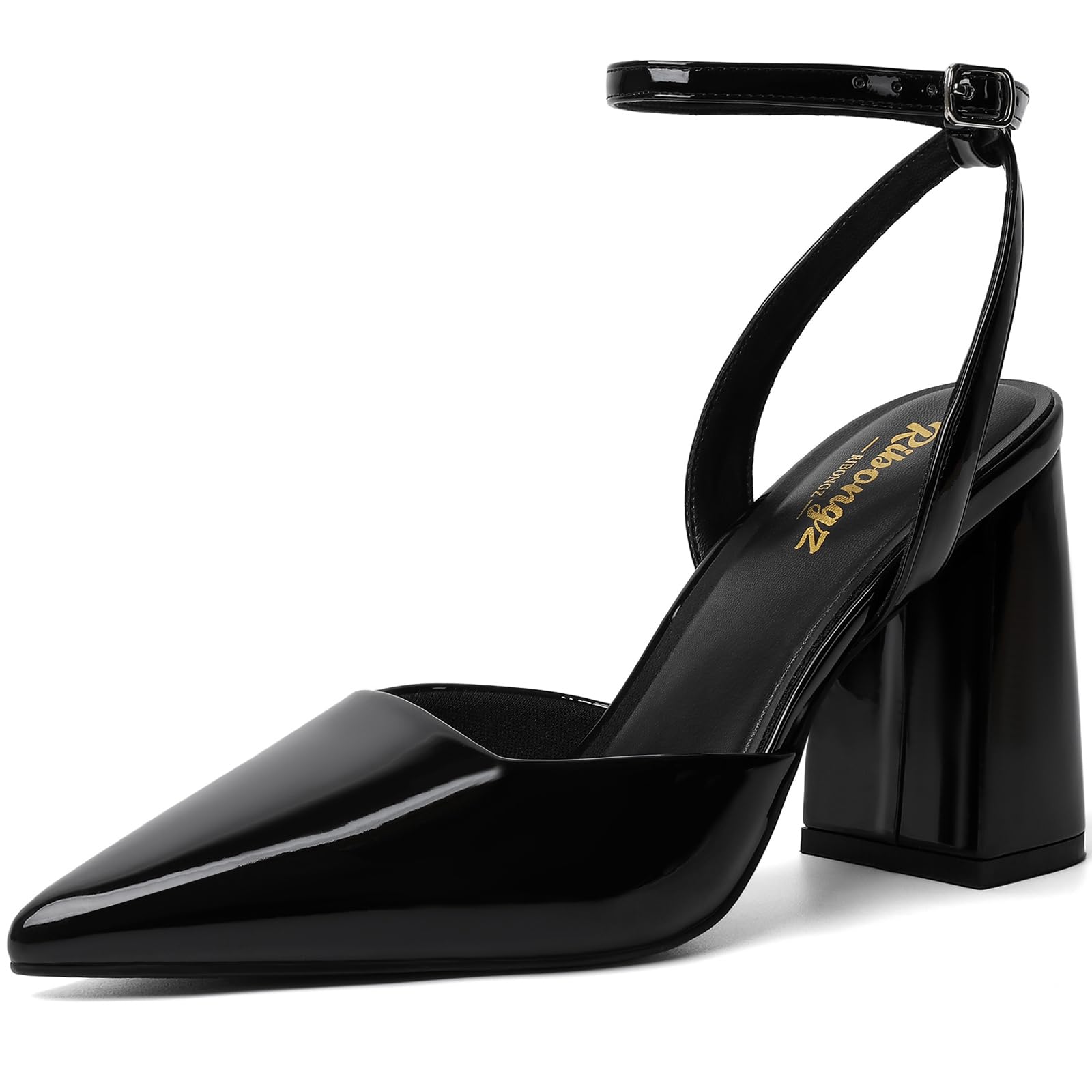 RIBONGZ Block Heels for Women Closed Pointed Toe Heeled Slingback Chunky High Heel Ankle Strap Pumps Patent Leather Comfort Dressy Shoes for Work Party Prom Wedding Bridal Dress