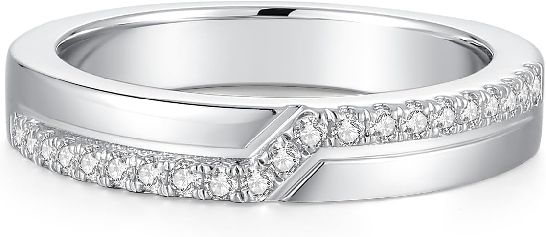 Round Cut Moissanite Wedding Ring Band For Women 18K White Gold Plated S925 Sterling Silver Modern Design Band Ring For Women