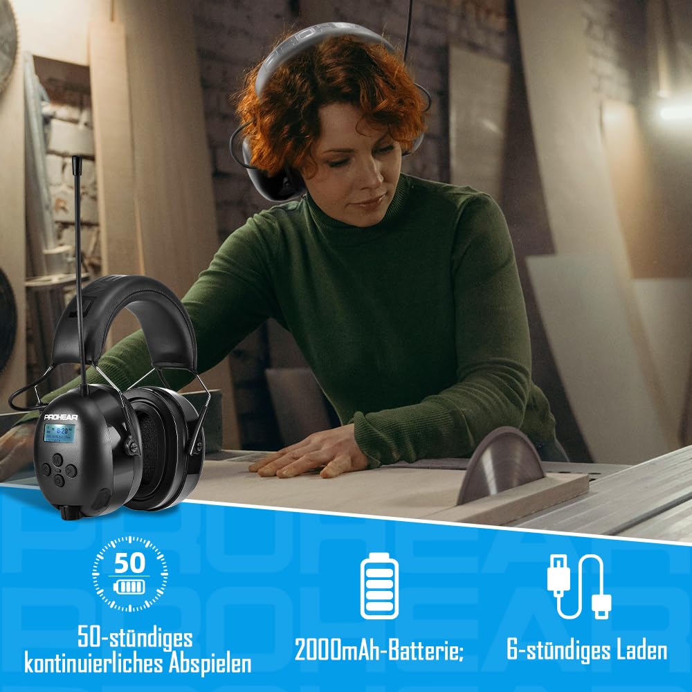 PROHEAR 033A (ulepszone) nauszniki z radiem DAB +/Bluetooth/FM, słuchawki z radiem z wbudowanym mikrofonem i redukcją hałasu