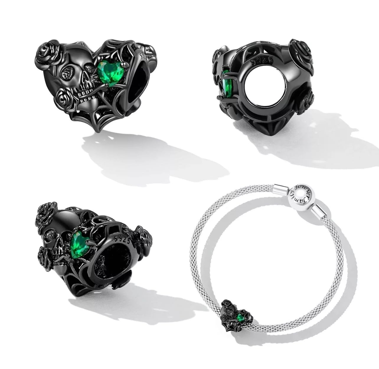 FLXHHX Abalorio de Calavera y Rosa en Forma de corazón Negro, Flor de Halloween, Plata de Ley 925 auténtica, Compatible con Pulsera