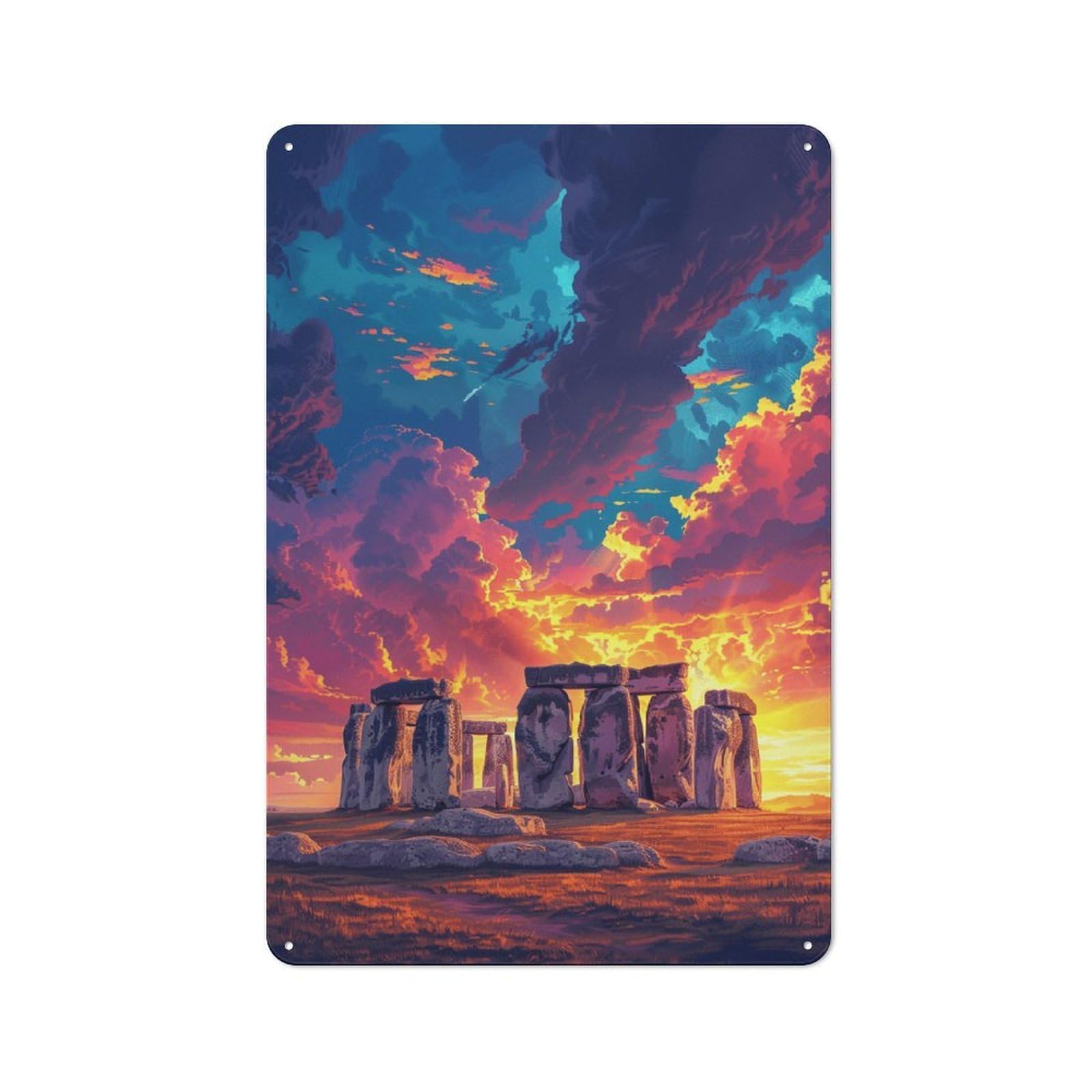 Junmoney Style-23 Metal Wall Sign With Stonehenge Sunset Fantasy Design 30X20cm, Loft Style Studio Wall Art For Flat, Bar, Studio Or Gallery Wall