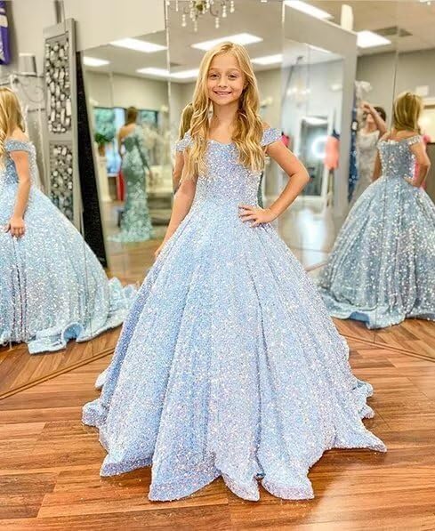 Off Shoulder Sequin Princess Pageant Dress for Girls Kids Sparkly Ball Gown Flower Girl Dresses for Wedding2