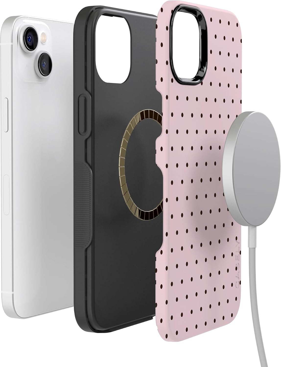 Casely iPhone 14 Plus Case | On the Dot | Pink & Brown Polka Dot | Bold Protective Design | Compatible with MagSafe