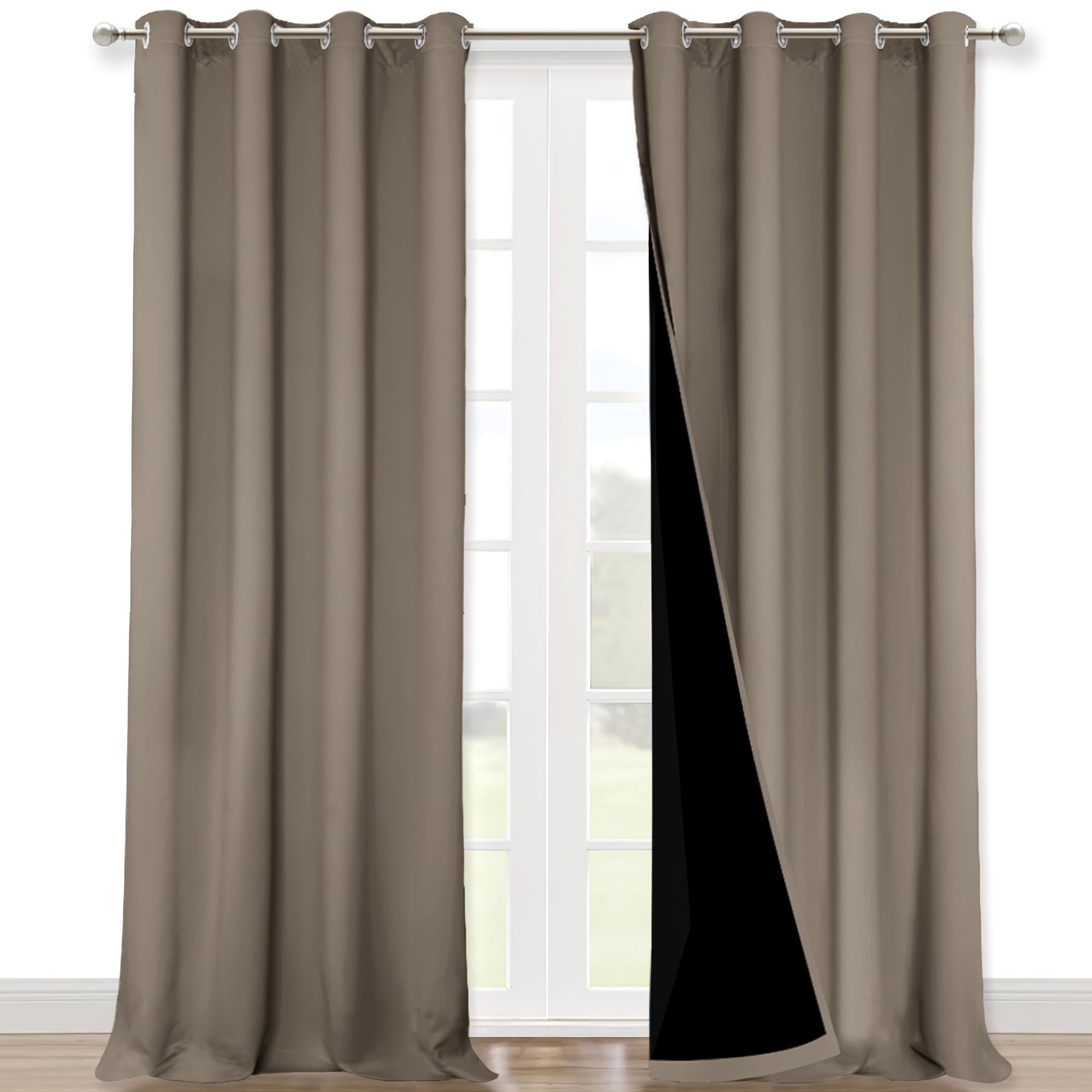 NICETOWN 100% Blackout Blinds, Laundry Room Decor Window Treatment Curtains for Large Patio Sliding Door, Thermal Insulated Taupe Curtains for Bedroom, Set of 2, 52 inches x 108 inches