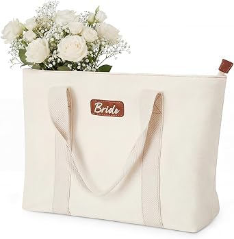 AW BRIDAL Monogram Canvas Tote Bag - Bride Mrs Wifey Gifts for Bride to Be, Large Zippered Gift Bag for Women Mom Sister