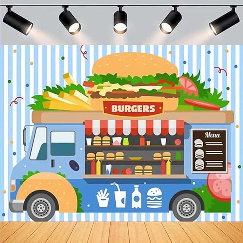 Fondo de hamburguesa para camión de comida rápida, postre de tienda, hamburguesas, papas fritas, bebidas, fotografía, telón de fondo para niños,