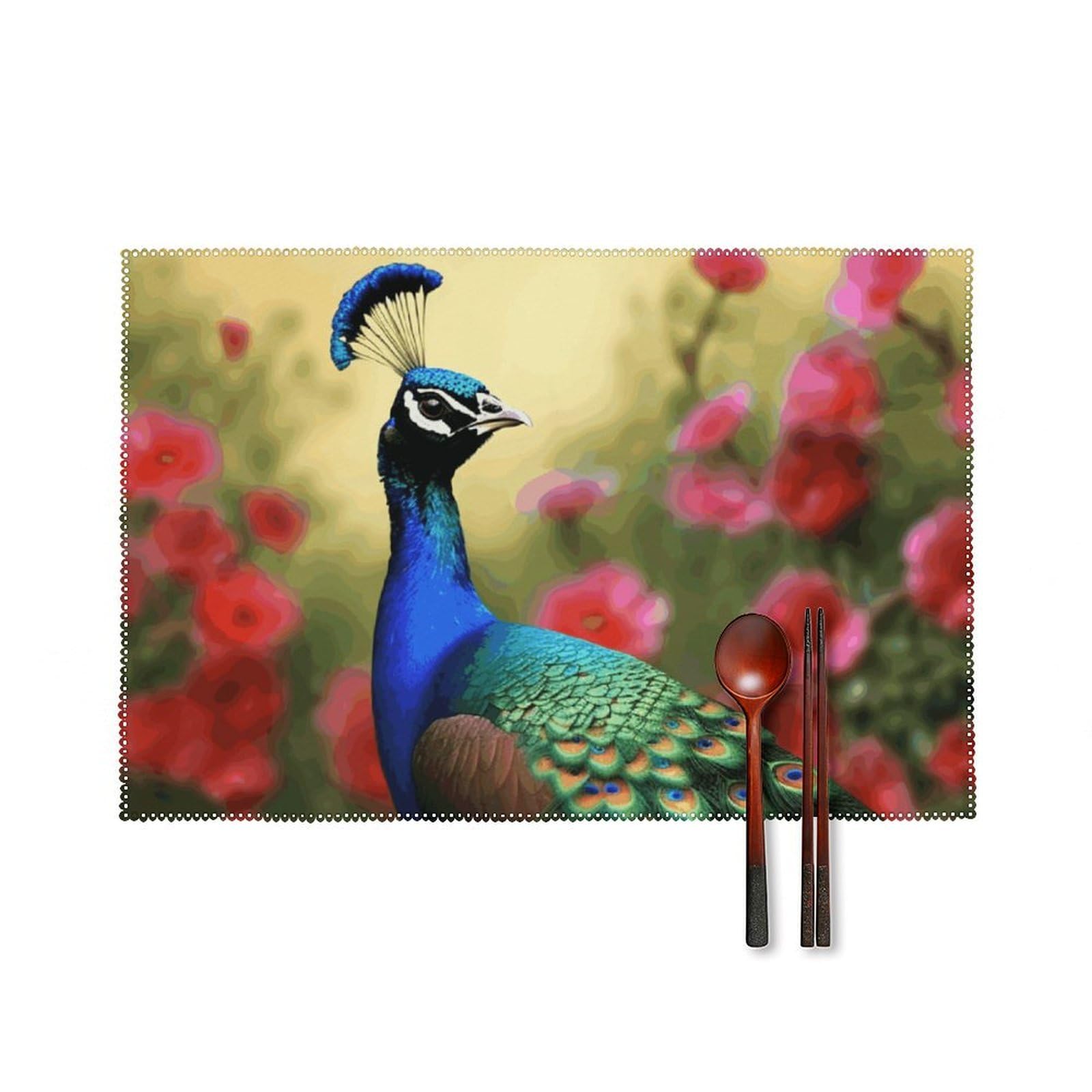 Peacock Flowers Placemats Set of 6, 12x18 Inch Heat Resistant Washable Canvas Table Mats, Stain Resistant Decorative Dining Placemats for Kitchen, Restaurant, Outdoor Party