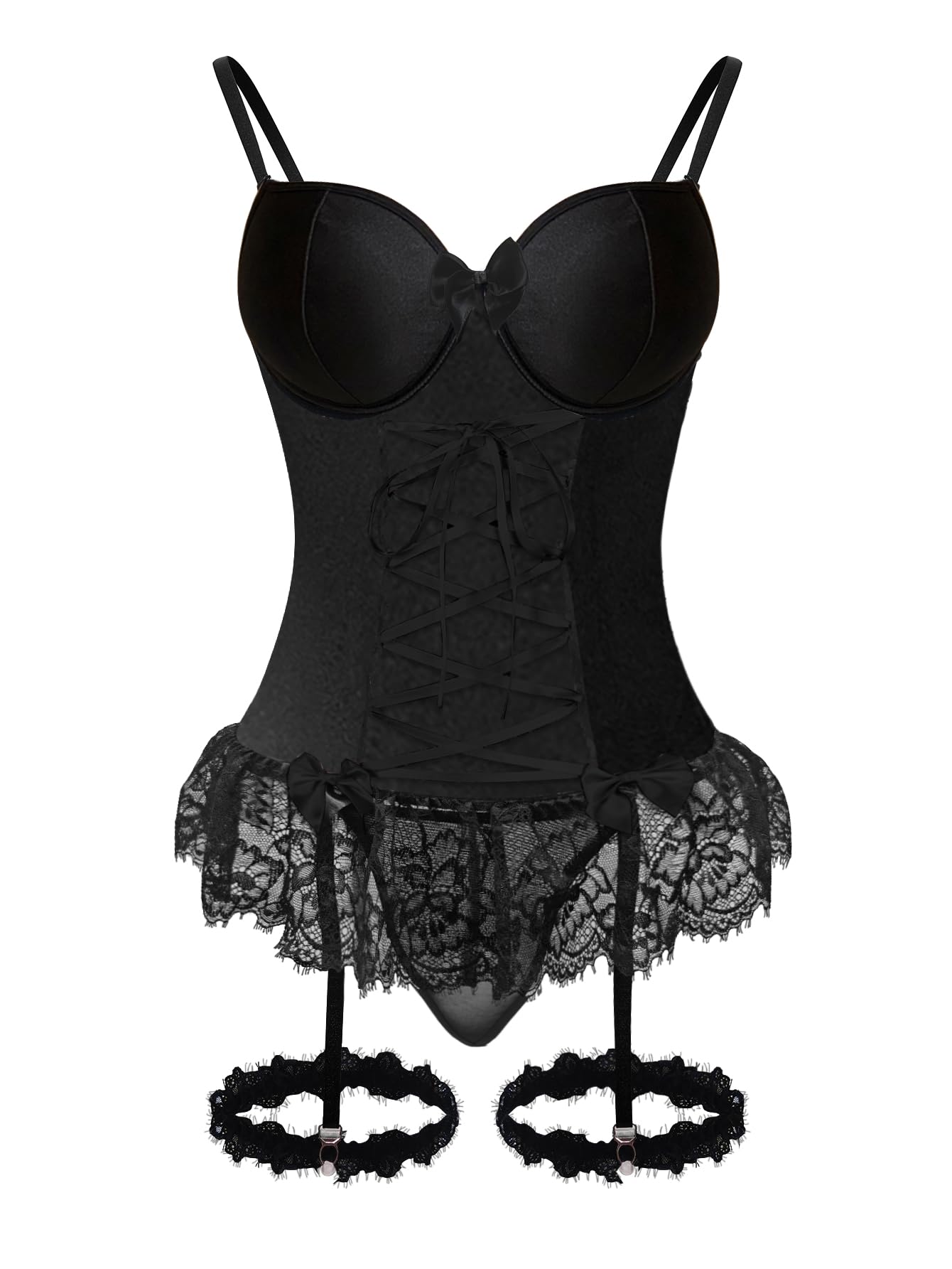 GXNRHG Corsé de Malla Sexy con Volantes y Encaje con Aros, Liguero Transparente, picardías, Conjunto de lencería con Tanga, 3 Piezas