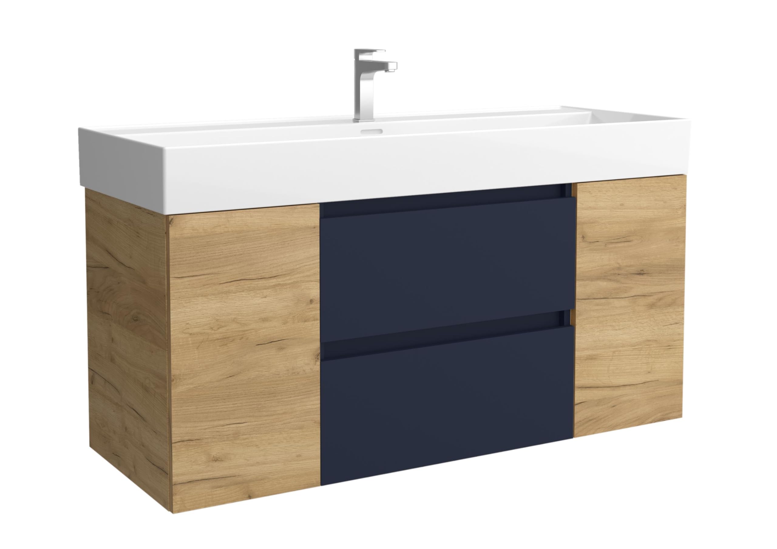 Salgar Mueble de Baño Bequia 120cm + Coqueta 1 Puerta Centrado + Lavabo cerámica | Azul Mate/Roble |120x45x66
