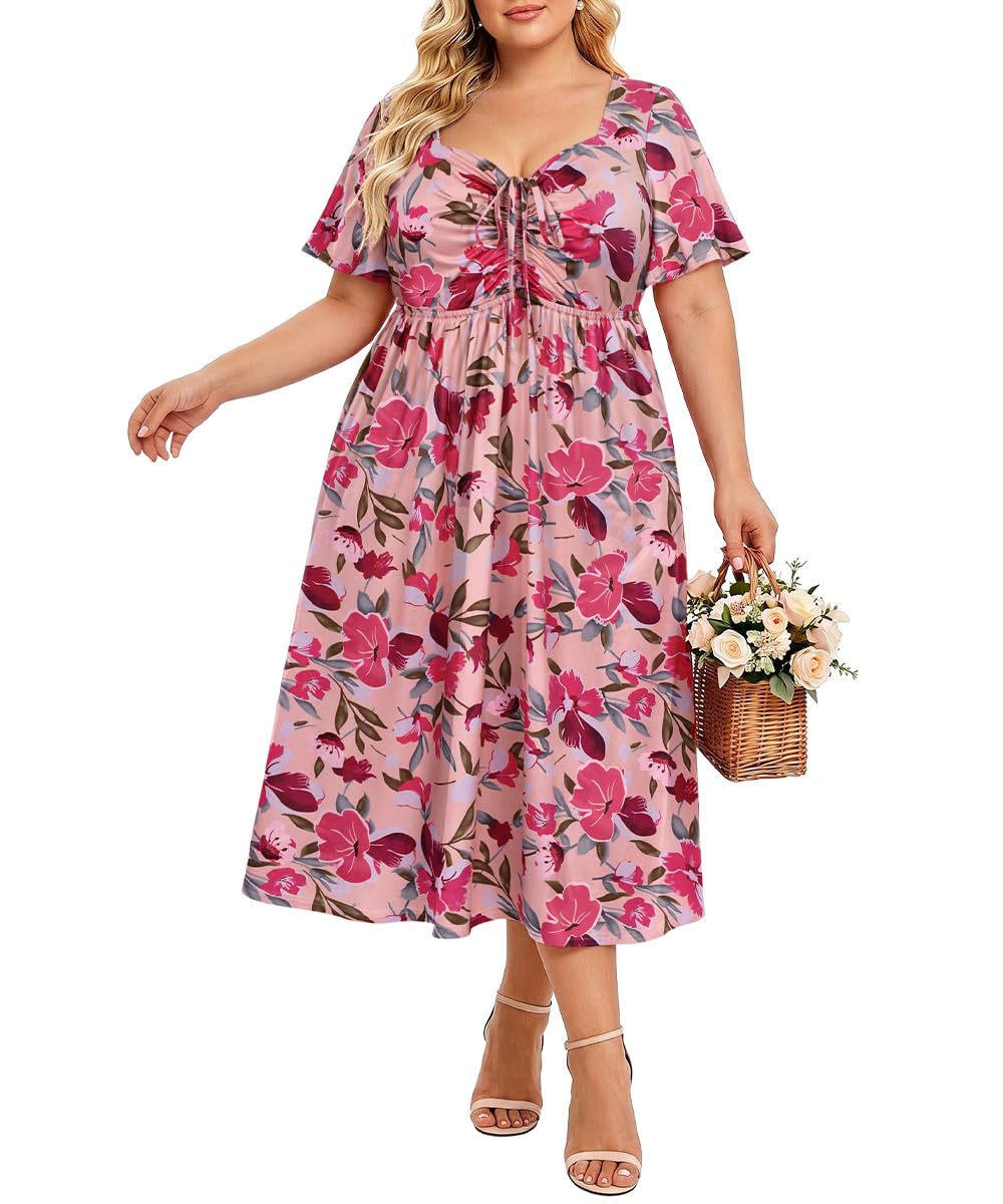 CARCOS Plus Size Dresses for Curvy Women Tie Sweetheart Neck Summer Maxi Dress Short Sleeve Empire Waist Floral Boho Dress