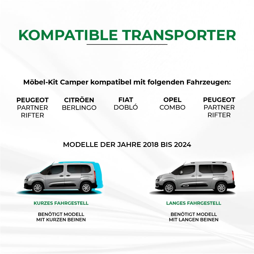 Mini Camper-Möbel-Set für Rifter, Partner, Combo, Proace City, Berlingo und Doblò, mit Zubehör und Matratze (lange Version)