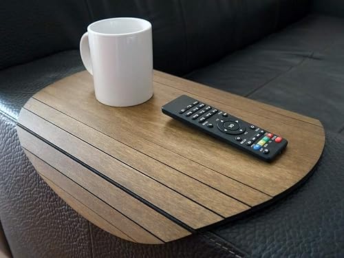 Round wooden sofa armrest table in many colors as dark walnut Small flexible over the couch side tables Narrow folding dining slinky arm tray