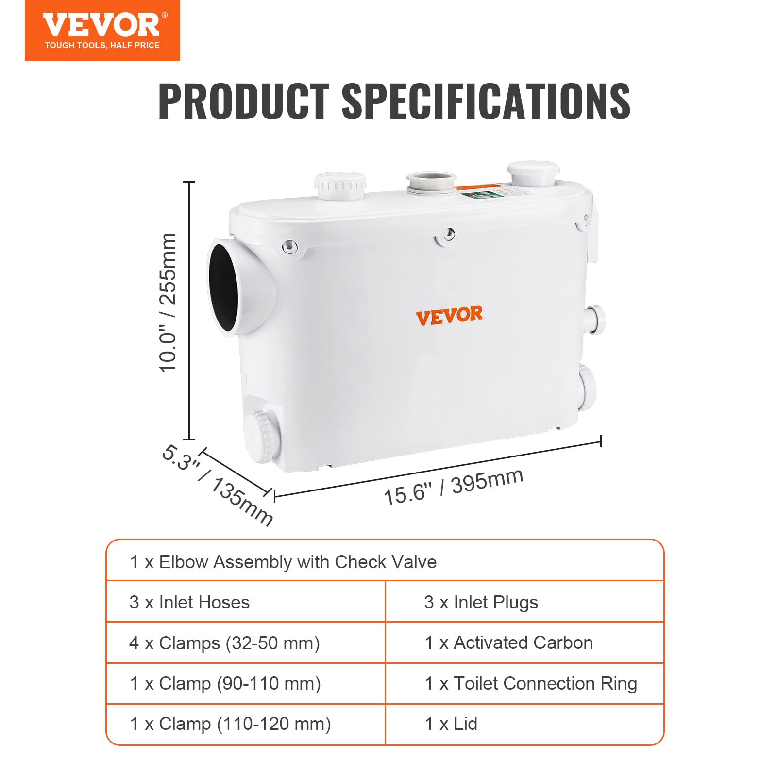 VEVOR Młynek sanitarny 500 W Pompa podnosząca ścieki 6600 l/h Głowica 8 m 3 wloty wody do toalety Piwnica Kuchnia Zlew Prysznic Wanna Pralnia Spłuczka Ścieki