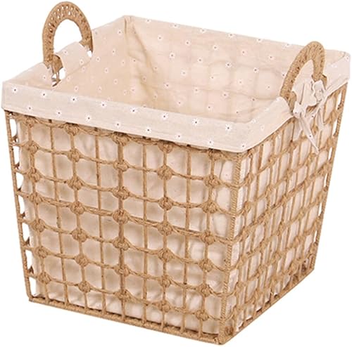 Zerodeko Cesta de cuerda tejida de alambre de metal forrado con asas, cesta de almacenamiento de hierro reutilizable, organizador de almacenamiento