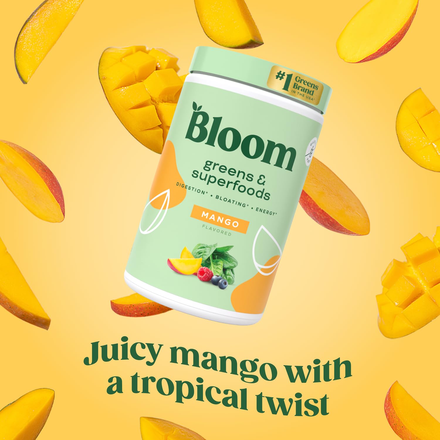 Bloom Greens and Superfoods Powder - (25 Servings) Probiotics for Digestive Health & Bloating Relief for Women, Digestive Enzymes Superfoods Gut Health (Pack of 1, Mango) Pill Holder