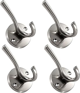 NETLKLA 4 Packs Brushed Nickel Coat Hooks, Silver Robe Hook, Decorative Towel Hooks, Heavy Duty Double Prong Wall Hooks, Metal Closet Hooks, Wall Hooks for Hanging Towel Hooks for Bathrooms, Kitchen