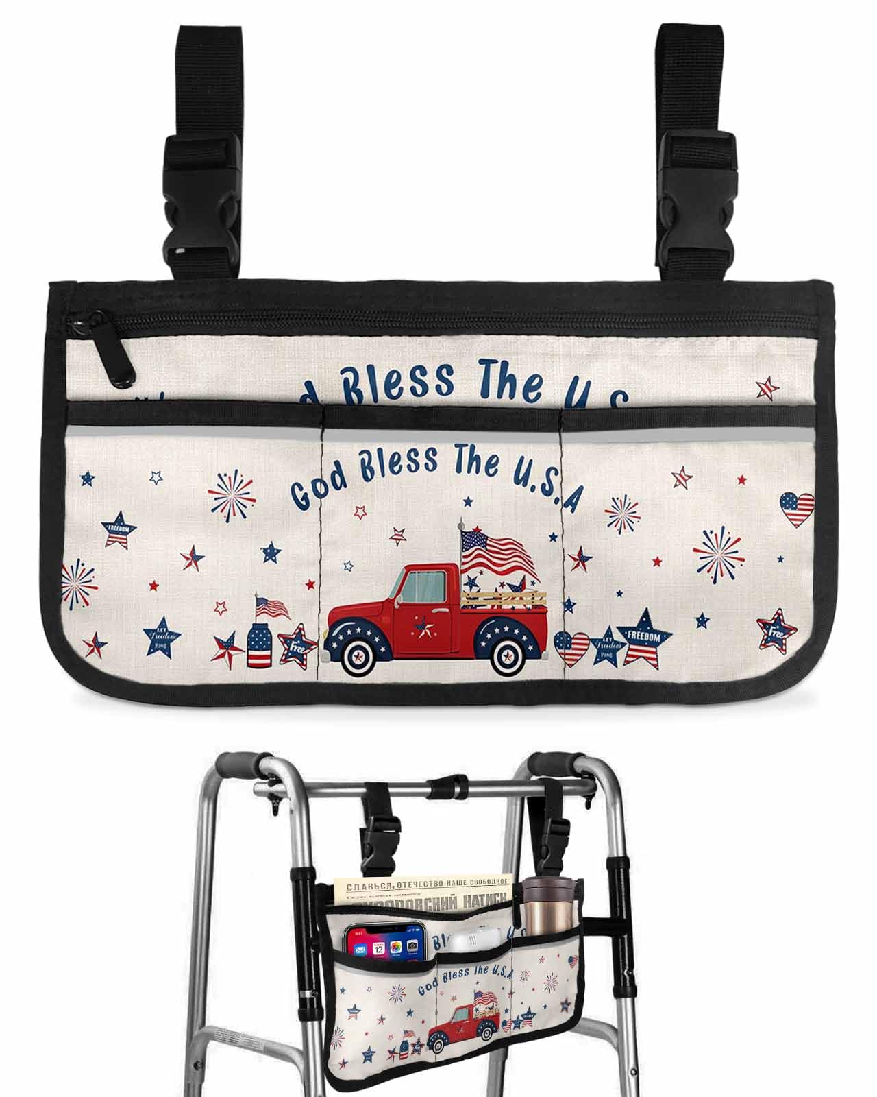 4th of July Wheelchair Side Bag Walker Bag, Independence Day Truck American Star Fireworks Wheelchair Accessories Armrest Pouch, Organizer Storage Bag for Walkers, Rollators, 7.3''x13''