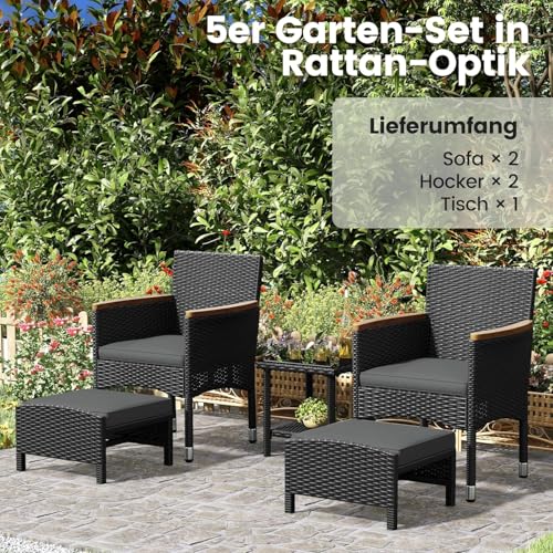 Yaheetech 5er Set Rattan Gartenmöbel Balkonmöbel Terassenmöbel Außen Kleiner Balkon mit 2 Einzelsofas & 2 Fußhocker & 1 Kaffeetisch, Schwarz & Grau