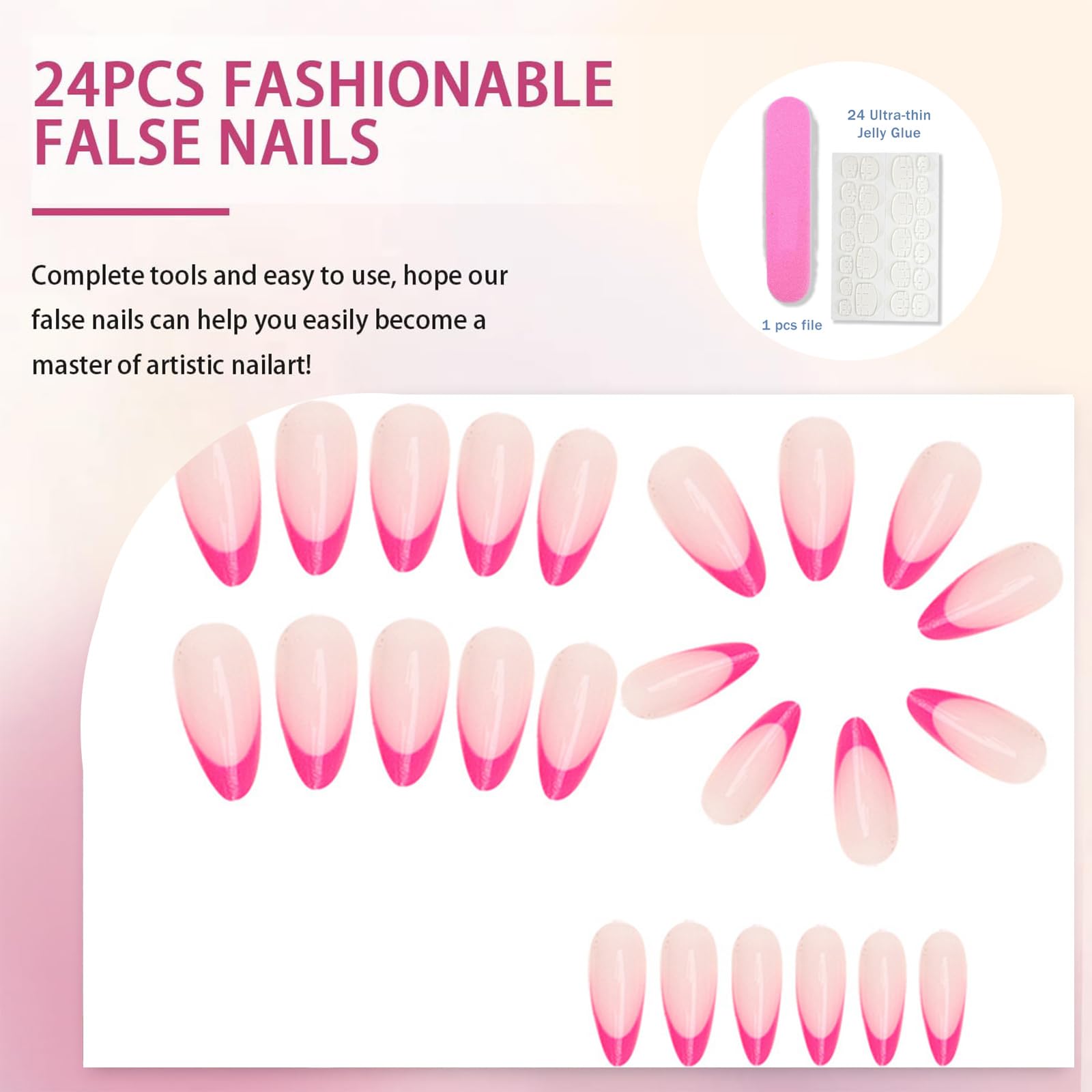 Hot Pink French Tip Press On Nails in Short Almond Shape with Glossy Gel Finish - Image 2