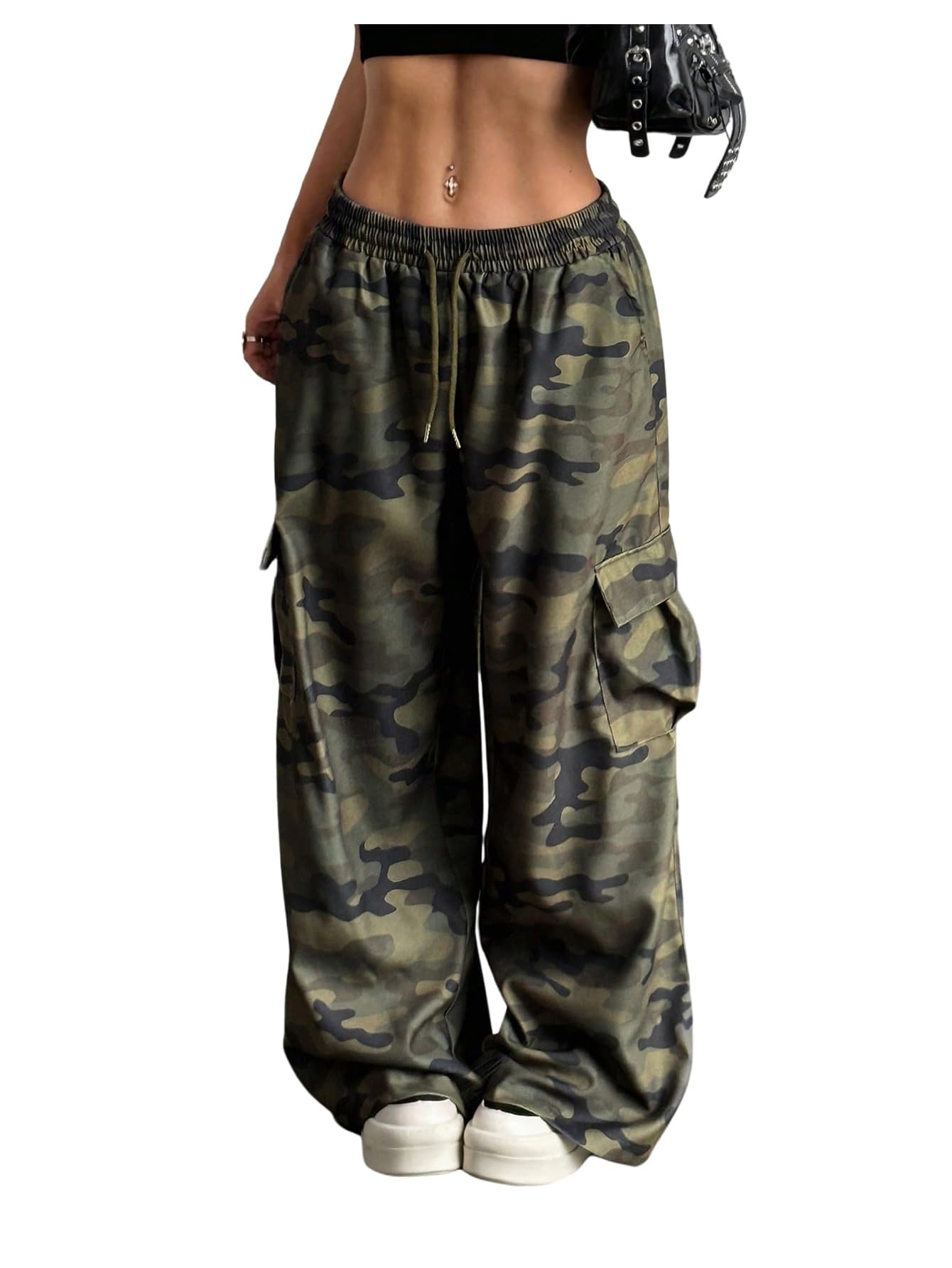 Verdusa Womens Camo Wide Leg Pants Y2K Drawstring Waist Streetwear Baggy Pants with Pockets