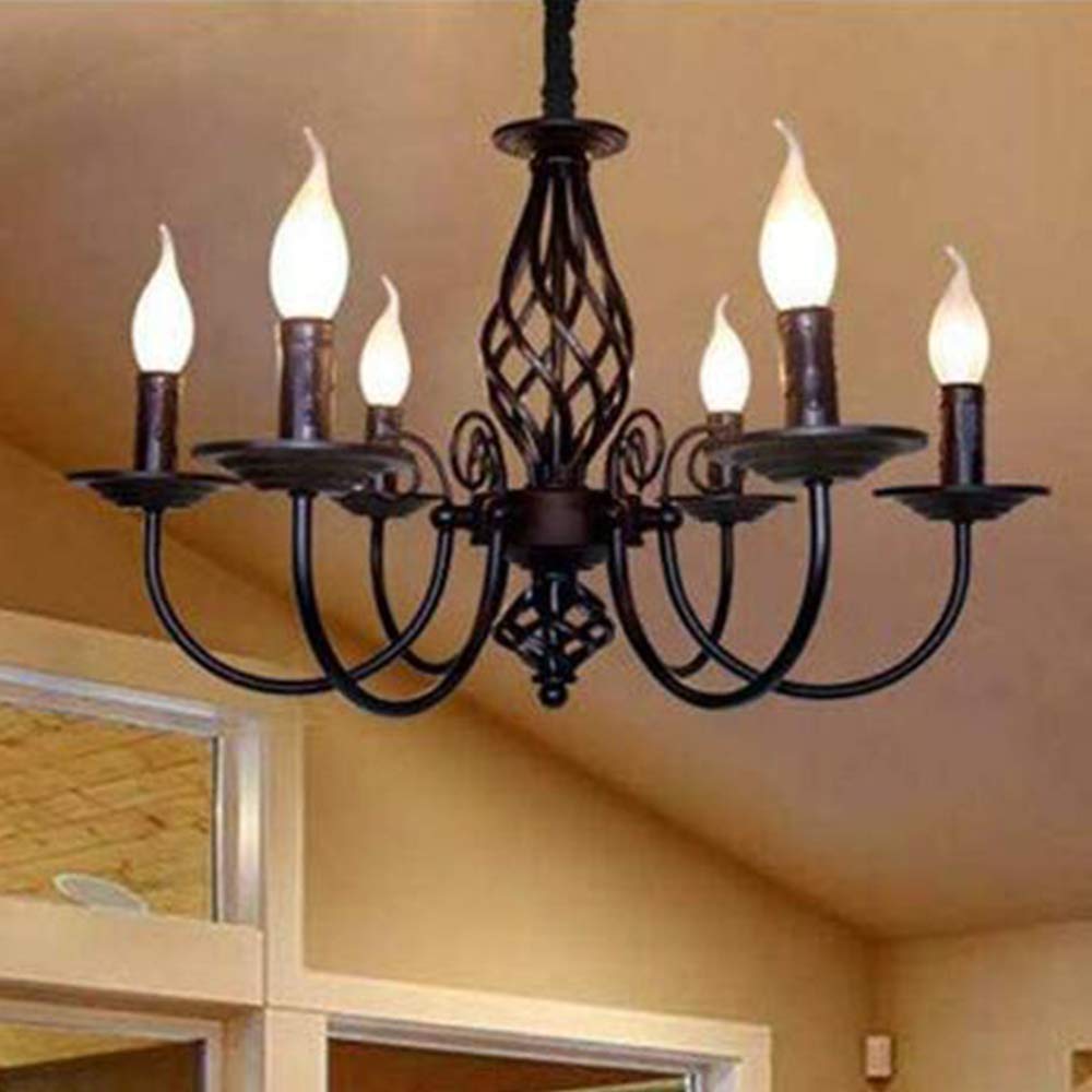 Antik Schwarz Kronleuchter Kerze Pendelleuchte Industriestil Eisen Esszimmer Lichter Höhenverstellbar E14 Schmiedeeisen Retro Hängelampe Landhausstil Wohnzimmer Schlafzimmer Pendellampe, 6-Flammig