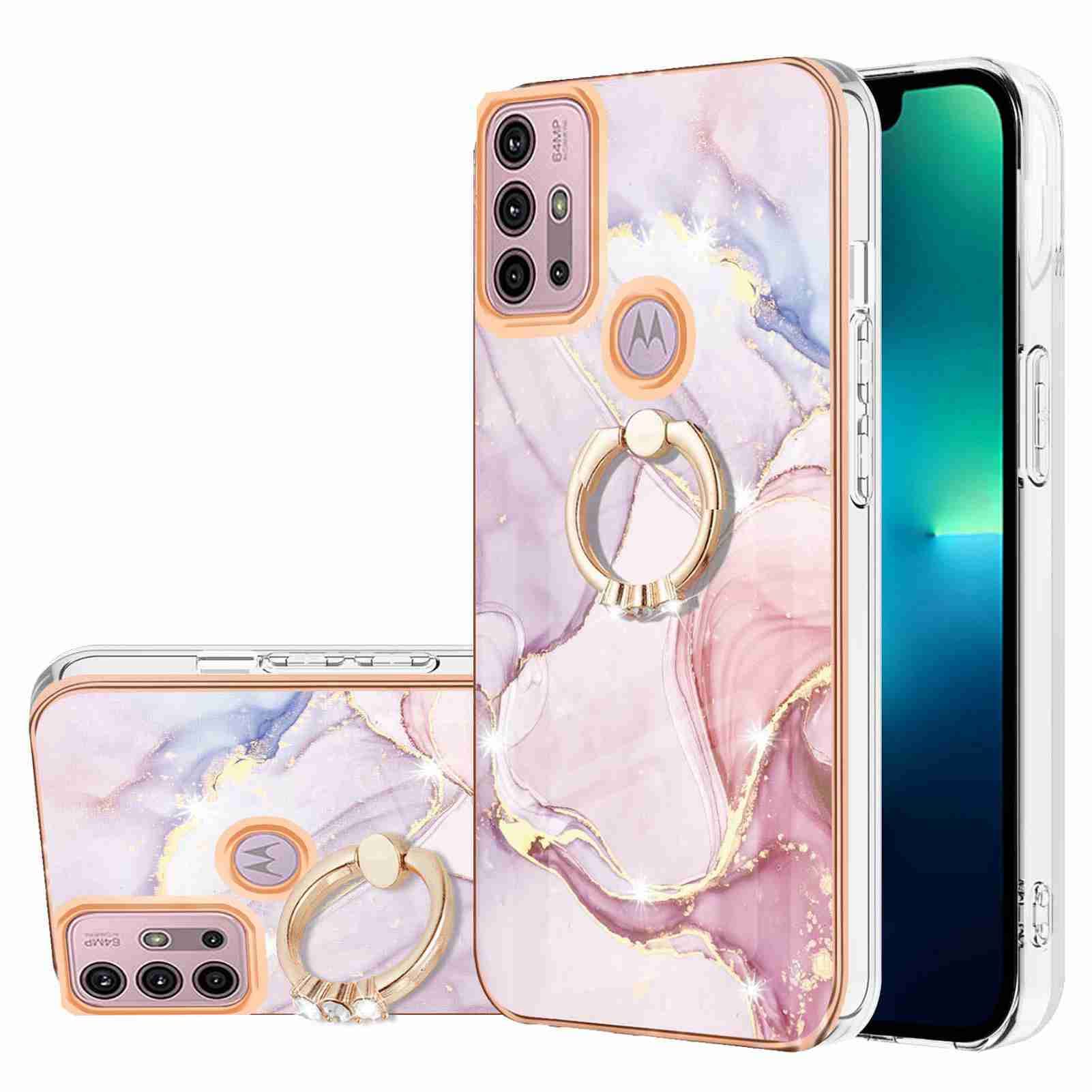 ReevermapMotorola Moto G30/ G10 Case with Ring Holder, Shockproof Silicone Marble Phone Cover Finger Kickstand Soft Metallic Anti Scratch TPU Rubber Bumper, Rose Gold
