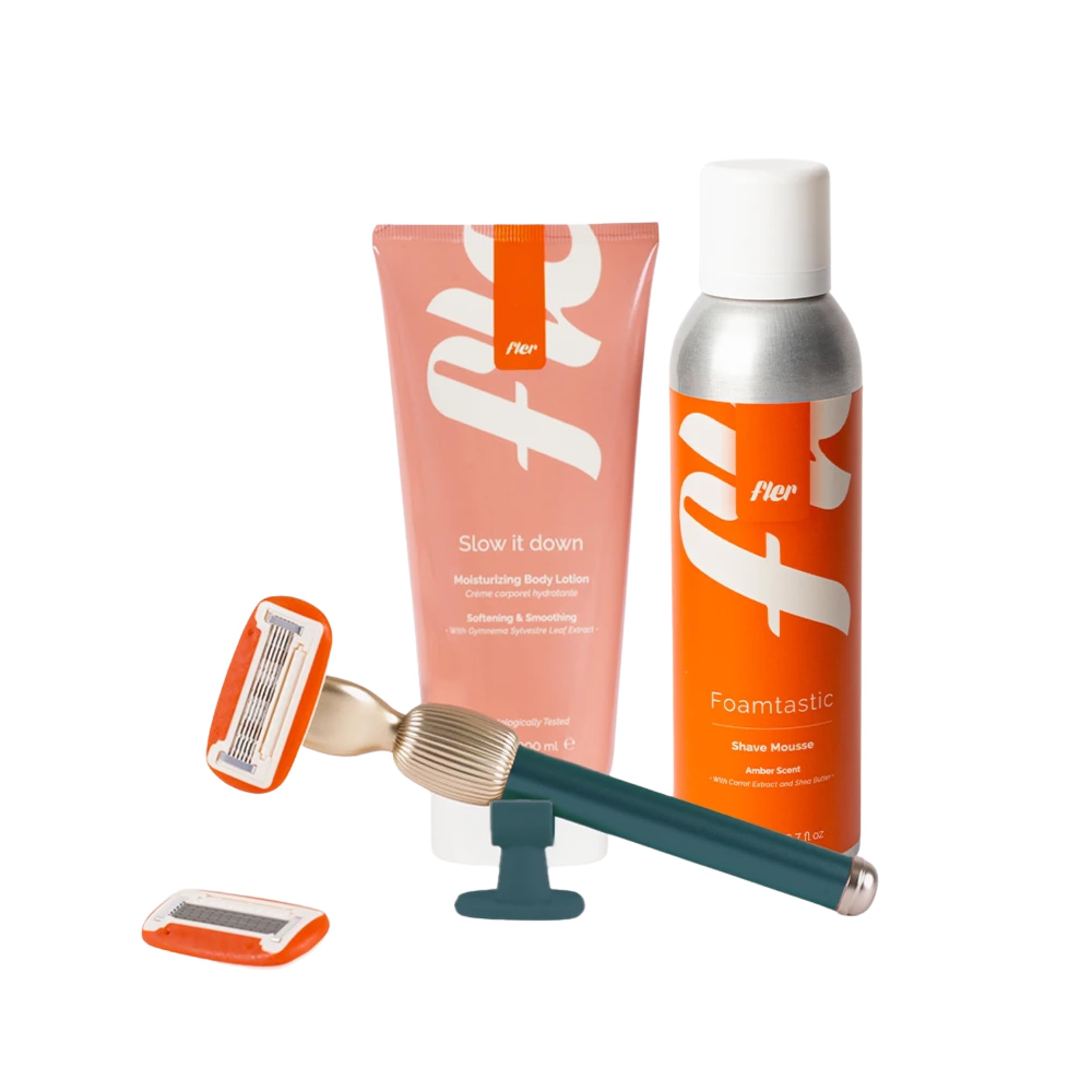 Fler Smooth Skin Set - Damenrasierer mit Halterung und 2 Ersatzklingen, Unisex Rasierer, Set mit Enthaarungsmousse und beruhigender Körpercreme, Klinge mit Aloe Vera (Grün Pine, Creme 200 ml)