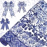 Lyrow 6 Rolls Christmas Chinoiserie Ribbon White and Blue Wired Edge Floral Ribbon Butterfly Flower Pattern Fabric Craft Wreath Bow Wrapping 2.52 Inches by 5 Yards