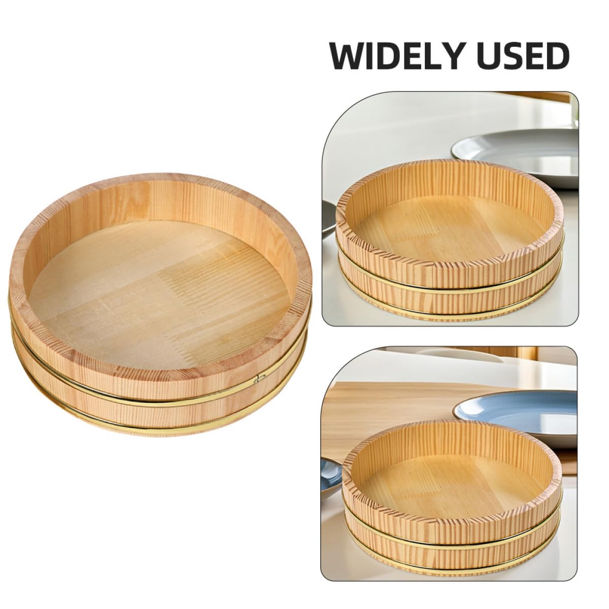 Cuenco Capacidad Grande de Madera con Borde Dorado Hangiri Japonés Elegante y Refinado para Sushi y Sashimi para Reuniones Familiares y Mesa de Comedor