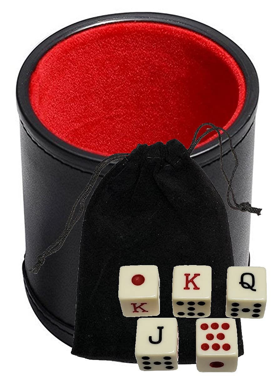 Black PU Leather Red Felt Lined Dice Cup with Spanish Poker Dice in Storage Pouch Set (1 Set)